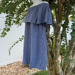 Boho Off Shoulder Blue Striped Ruffle Midi Dress Small Summer Beach